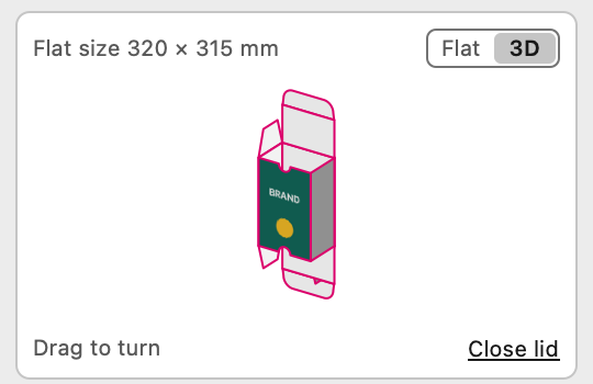 3D preview of a straight tuck end box with the brand logo on the front, lid open