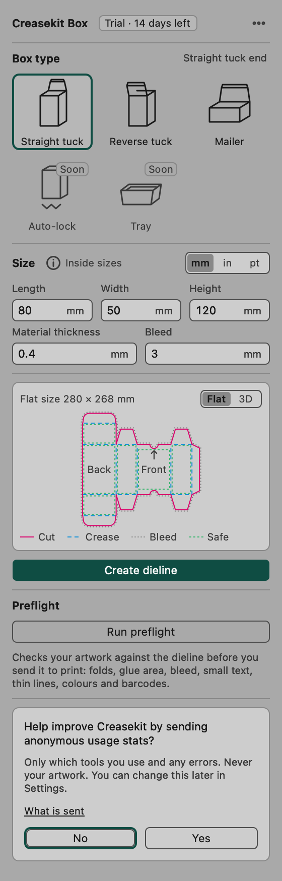 Creasekit Box panel in Illustrator's medium light theme