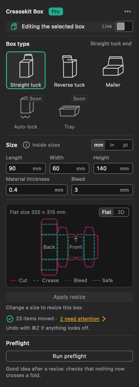 Creasekit Box panel, dark theme, editing a selected box