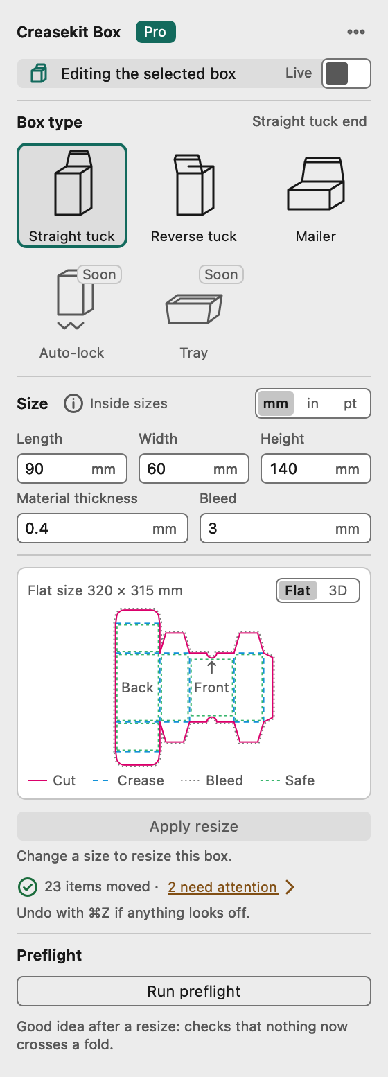 The Box panel editing a selected dieline after a resize: 23 items moved