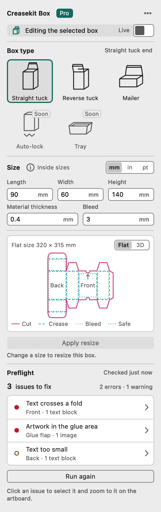 Preflight result: 2 errors and 1 warning, each with the face and item